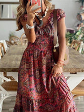 Load image into Gallery viewer, Full Size Smocked Printed V-Neck Short Sleeve Dress