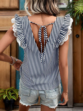 Load image into Gallery viewer, Lace Detail Ruffled Striped V-Neck Cap Sleeve Blouse