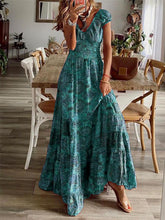 Load image into Gallery viewer, Full Size Smocked Printed V-Neck Short Sleeve Dress