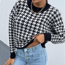 Load image into Gallery viewer, Houndstooth Round Neck Drop Shoulder Sweater