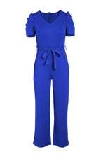 Load image into Gallery viewer, Belted Puff Sleeve V-Neck Jumpsuit
