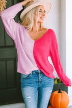 Load image into Gallery viewer, Contrast Color V-Neck Long Sleeve Pullover Sweater