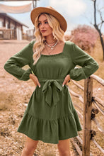 Load image into Gallery viewer, Ruffle Trim Tie Waist Balloon Sleeve Mini Dress
