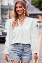 Load image into Gallery viewer, Swiss Dot Notched Neck Flounce Sleeve Blouse