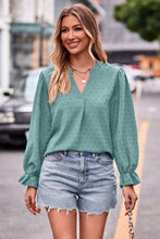 Load image into Gallery viewer, Swiss Dot Notched Neck Flounce Sleeve Blouse