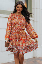 Load image into Gallery viewer, Printed Balloon Sleeve Tassel Tie Dress
