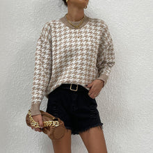 Load image into Gallery viewer, Houndstooth Round Neck Drop Shoulder Sweater