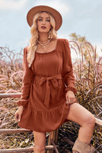 Load image into Gallery viewer, Ruffle Trim Tie Waist Balloon Sleeve Mini Dress