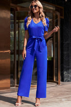 Load image into Gallery viewer, Belted Puff Sleeve V-Neck Jumpsuit