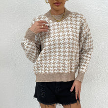 Load image into Gallery viewer, Houndstooth Round Neck Drop Shoulder Sweater