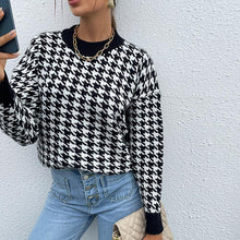 Load image into Gallery viewer, Houndstooth Round Neck Drop Shoulder Sweater