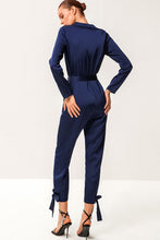 Load image into Gallery viewer, Tie-Waist Button Front Collared Satin Jumpsuit