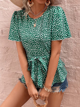 Load image into Gallery viewer, Heart Print Tie Belt Puff Sleeve Blouse