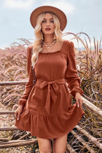 Load image into Gallery viewer, Ruffle Trim Tie Waist Balloon Sleeve Mini Dress