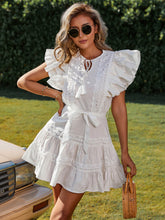 Load image into Gallery viewer, Tie Waist Ruffed Lace Detail Mini Dress