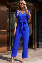 Load image into Gallery viewer, Belted Puff Sleeve V-Neck Jumpsuit