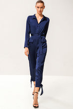 Load image into Gallery viewer, Tie-Waist Button Front Collared Satin Jumpsuit