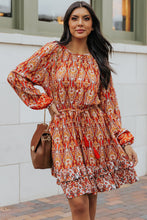Load image into Gallery viewer, Printed Balloon Sleeve Tassel Tie Dress