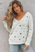 Load image into Gallery viewer, Star V-Neck Roll Hem Drop Shoulder Sweater