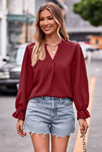 Load image into Gallery viewer, Swiss Dot Notched Neck Flounce Sleeve Blouse