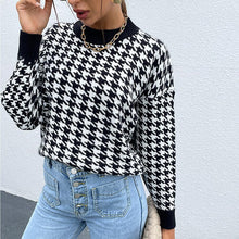 Load image into Gallery viewer, Houndstooth Round Neck Drop Shoulder Sweater