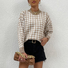 Load image into Gallery viewer, Houndstooth Round Neck Drop Shoulder Sweater