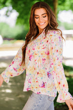Load image into Gallery viewer, Floral Ruffle Shoulder Tie Neck Top