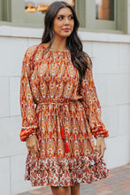 Load image into Gallery viewer, Printed Balloon Sleeve Tassel Tie Dress