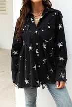 Load image into Gallery viewer, UNISHE - TOPW424 Stars Print Raw Hem Ripped Denim Jacket Shacket: Black / M

