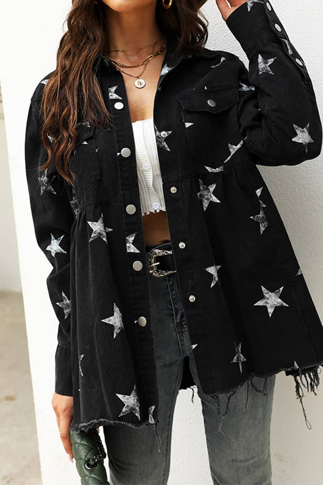 UNISHE - TOPW424 Stars Print Raw Hem Ripped Denim Jacket Shacket: Black / M